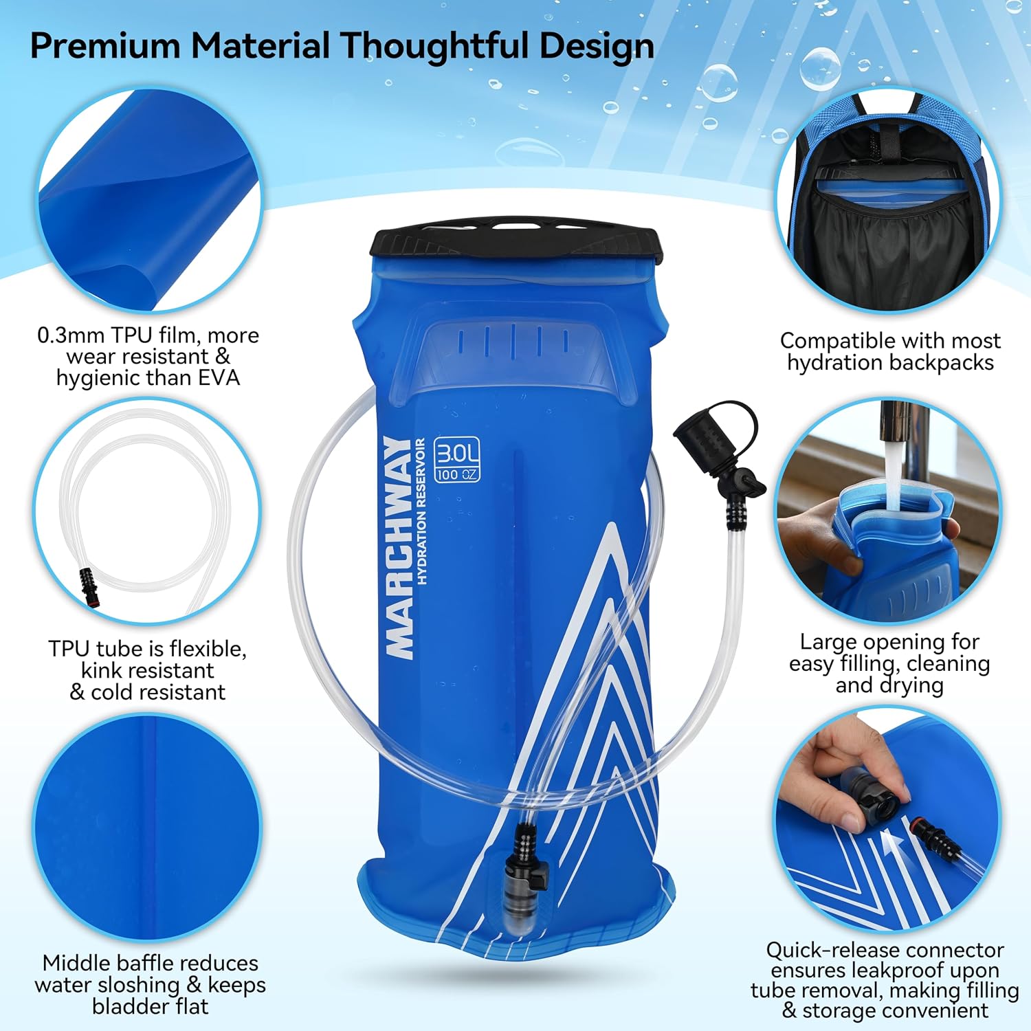 MARCHWAY Lightweight TPU Hydration Bladder 2L/3L for Hydration Packs, Slide-Seal Wide Mouth Water Reservoir Bag with Carry Handle for Hiking, Cycling, Running, Camping, Travel