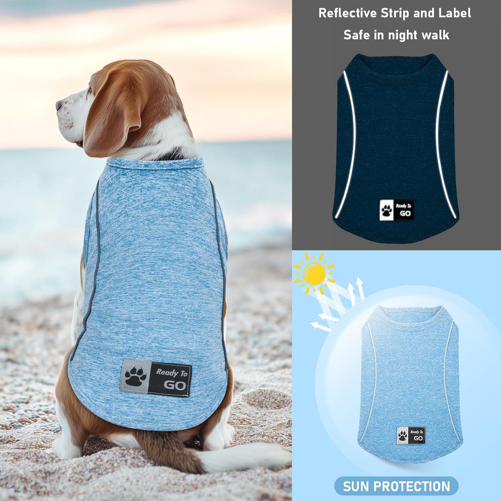 KYEESE 2Pack Reflective Dog Shirt, Lightweight Sun Protection Dog T Shirts for Small Dogs Boy, Breathable Sleeveless Pet Tank Top Summer Dogs Clothes for Night Walking Outdoor, Lake Blue+Blue, M