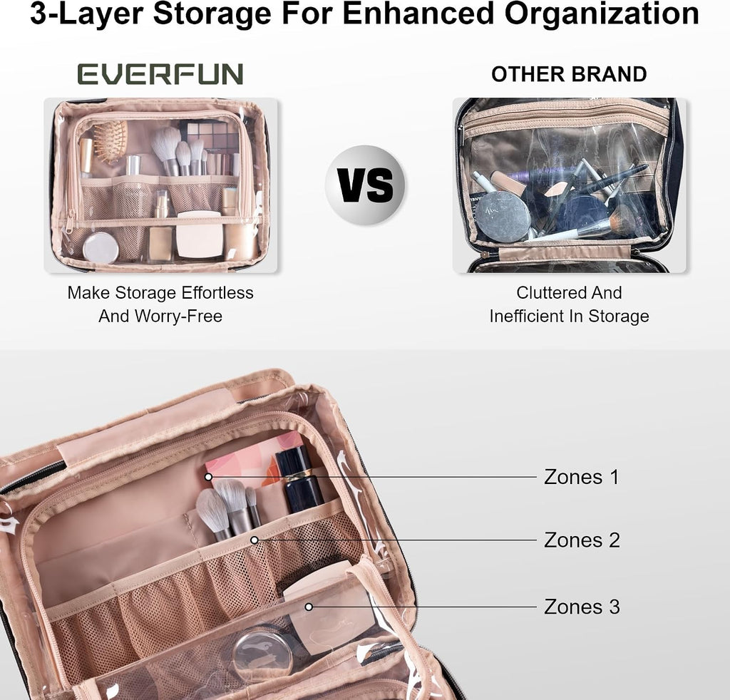Everfun Travel Toiletry Bag with Hanging Hook and Leakproof Wet/Dry Compartments, Large Capacity Makeup Cosmetic Organizer for Women, 12x9x4.5 Inch, Cyan Blue