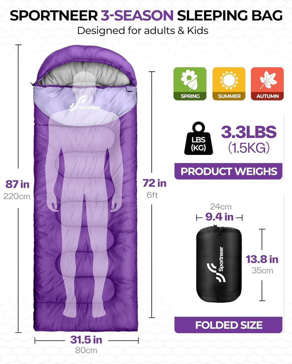 Sportneer Sleeping Bag for Adults Kid Waterproof lightweight Camping Hiking