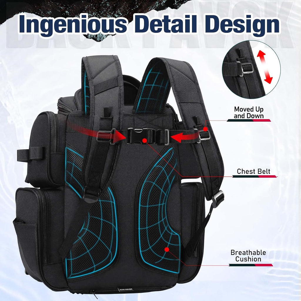 Piscifun Fishing Tackle Backpack with 2 Rod Holders, 4 Boxes & Rain Cover