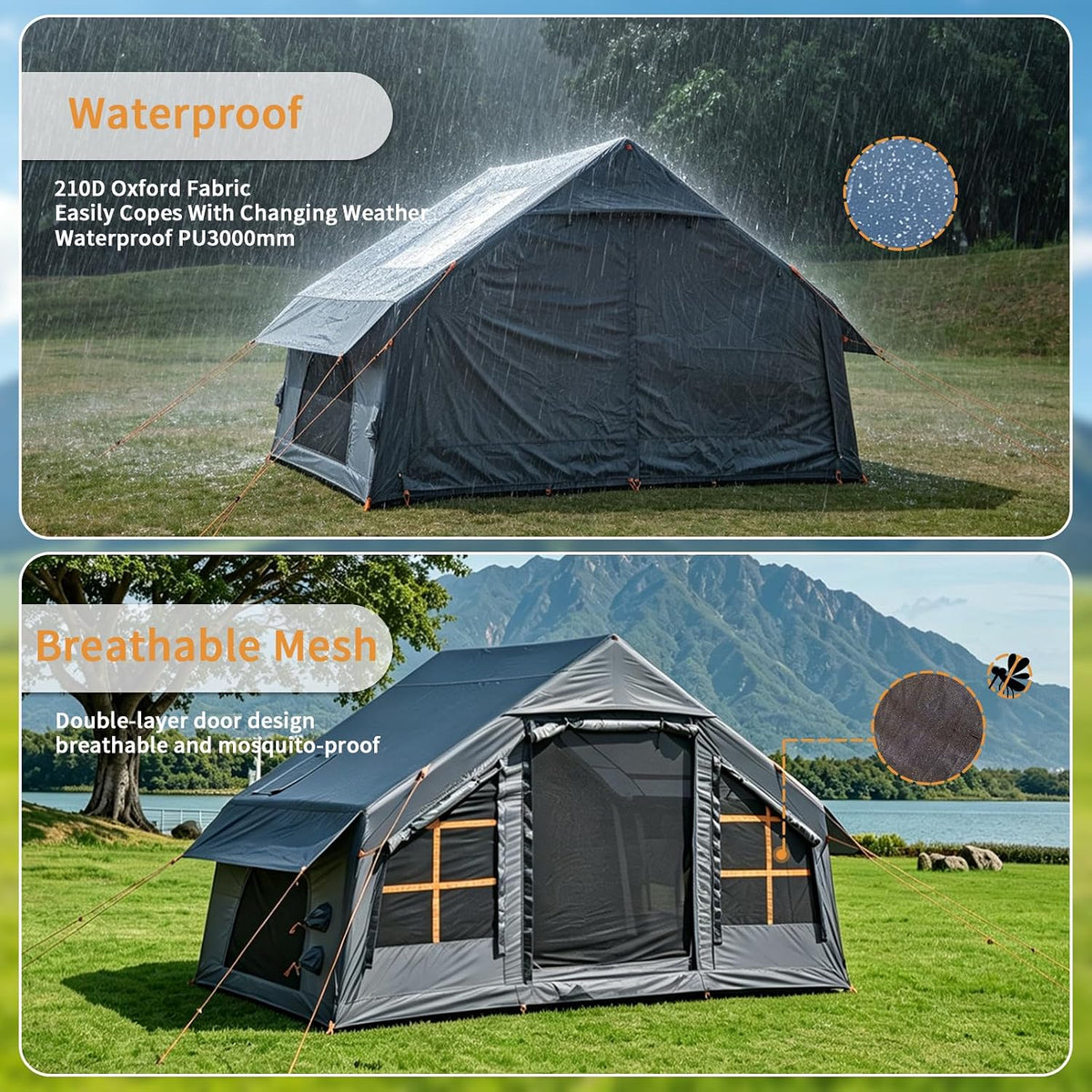 Inflatable Tents for Camping with Skylight and Stove Jack,4-6 Person Inflatable Camping Hot Tent with Pump,Easy Setup Family Camping Tent 4 Season Waterproof Outdoor Tents