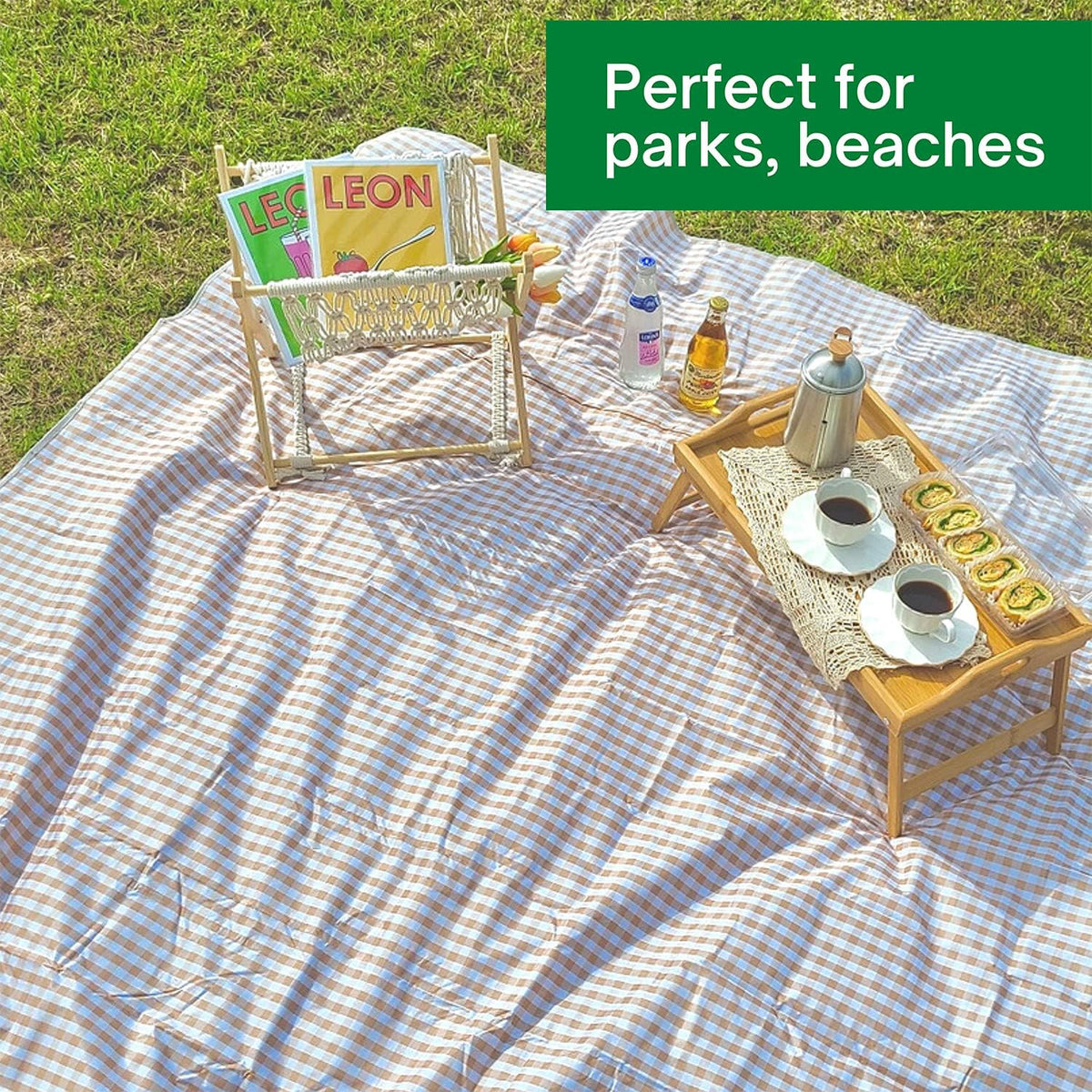 Cute Gingham Picnic Blanket, Waterproof Foldable, in Large 80x60in and Extra Large 80x80in, Portable Compact Beach Blanket, Oversized XL Outdoor Mat (Tan, X-Large)