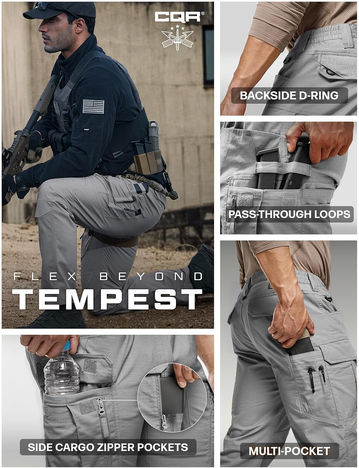 CQR Men's Flex Stretch Tactical Pants, Water Resistant Ripstop Cargo Pants, Lightweight EDC Outdoor Work Hiking Pants