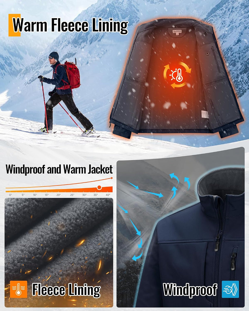 33,000ft Men's Lightweight Softshell Jacket Fleece Waterproof Windbreaker