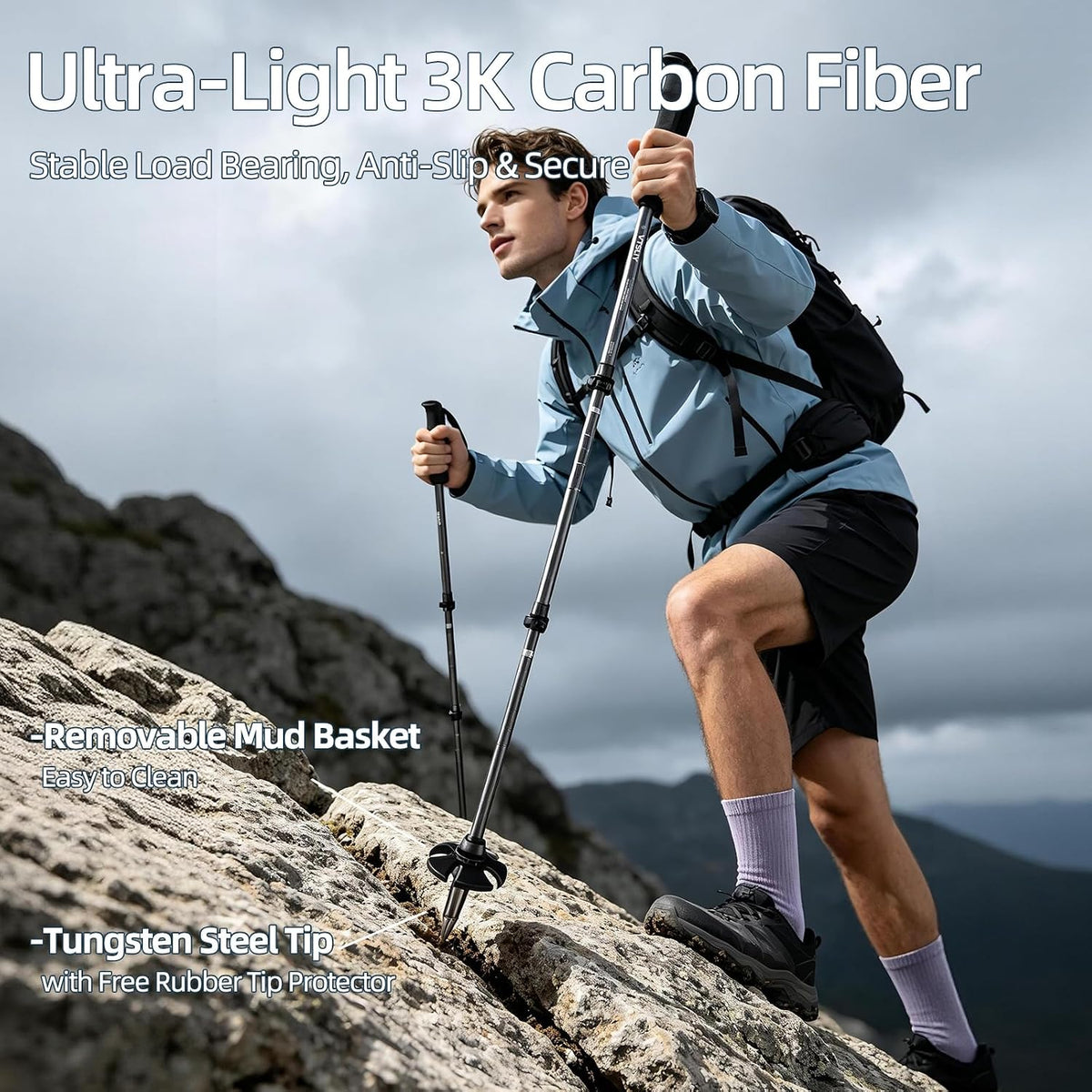 3K Carbon Fiber Trekking Poles - Collapsible, Lightweight Yet Sturdy Hiking Poles with EVA Grip, for Men & Women Hikers