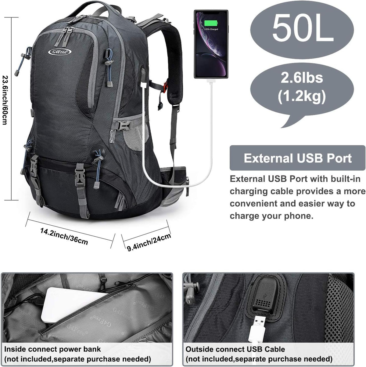 G4Free 50L Hiking Backpack Waterproof Daypack Outdoor Camping Climbing Backpack with Rain Cover for Men Women(Dark Grey)