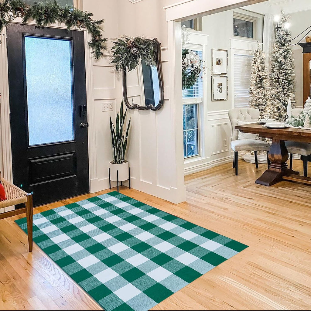 CAINANEL Green and White Buffalo Plaid Outdoor Rug Spring Door Mat Layering Rug Welcome Doormats for Spring Easter Farmhouse Entrance Porch Outdoors Decor