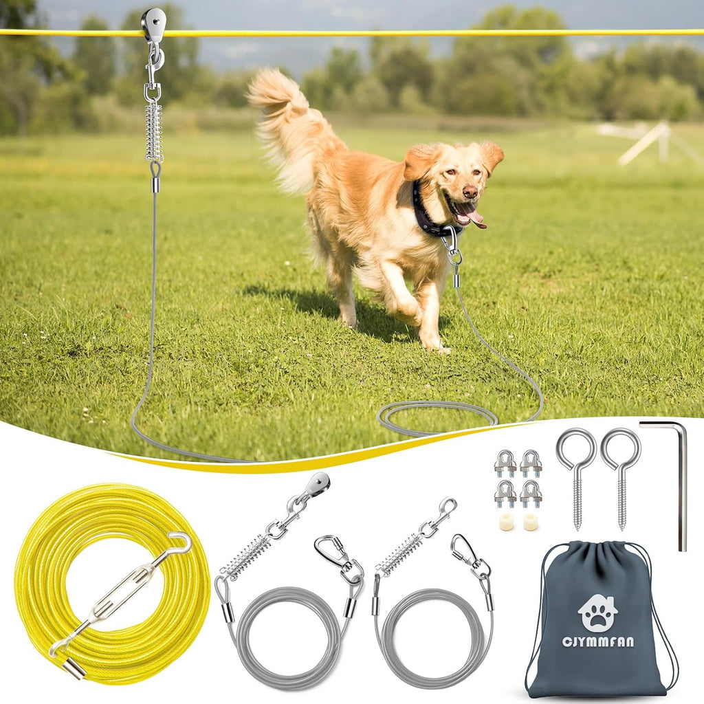 Professional Dog Runner Trolley System，Heavy Duty & Adjustable 50ft Dog Zip Line with 10ft & 15ft Tie Out for Large Dogs Up to 250lbs, Chew Proof Dog Run Cable for Yard, Camping & Outdoor Adventure
