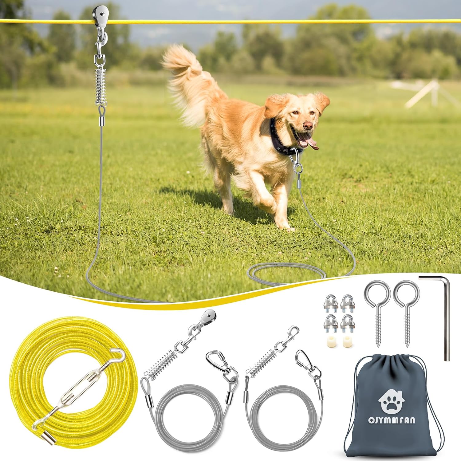 Professional Dog Runner Trolley System，Heavy Duty & Adjustable 50ft Dog Zip Line with 10ft & 15ft Tie Out for Large Dogs Up to 250lbs, Chew Proof Dog Run Cable for Yard, Camping & Outdoor Adventure