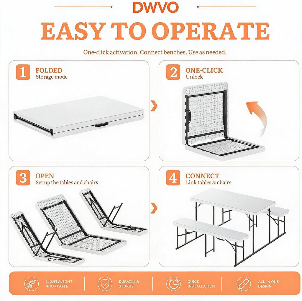 DWVO 4.5ft Picnic Table, Outdoor Folding Picnic Tables with Benches