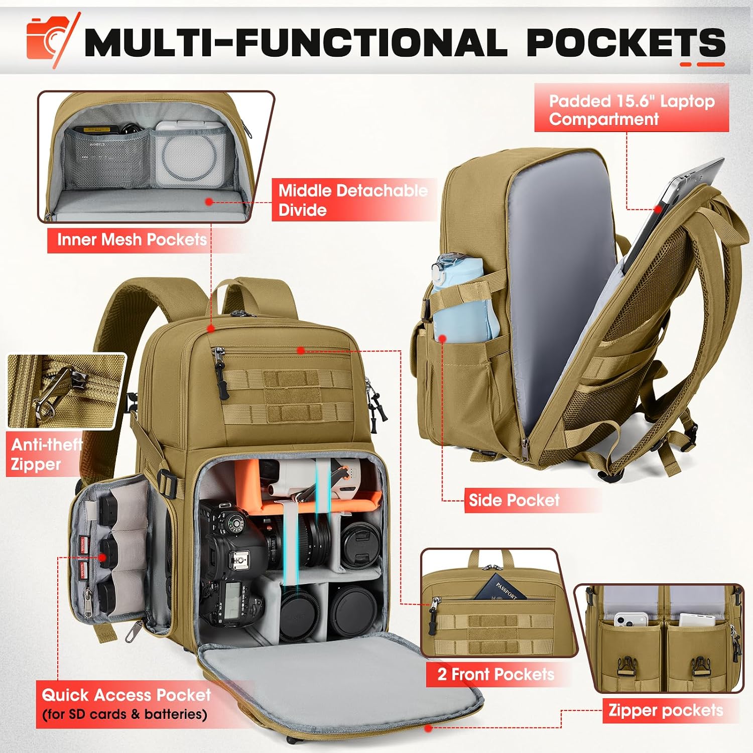 RAINSMORE Camera Backpack, DSLR/SLR/Mirrorless Camera Bag for Photographers