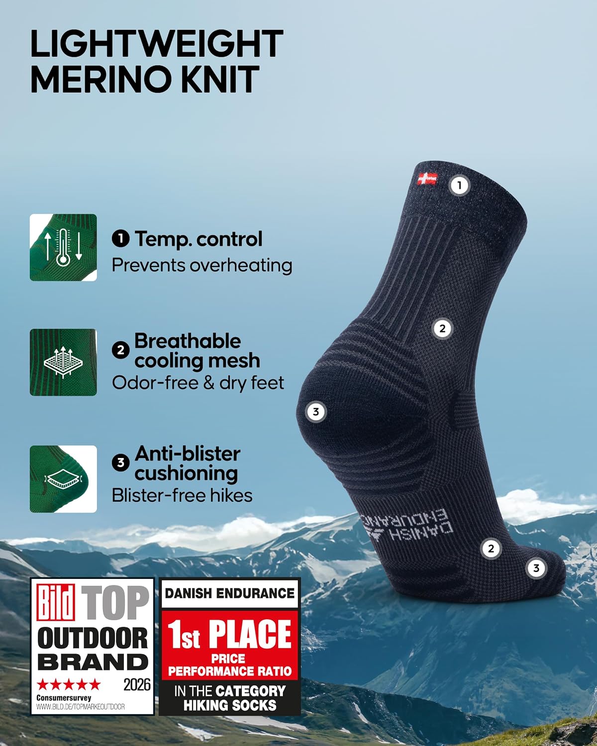 DANISH ENDURANCE Merino Wool Hiking Socks, Lightweight, 3 & 5-Pack