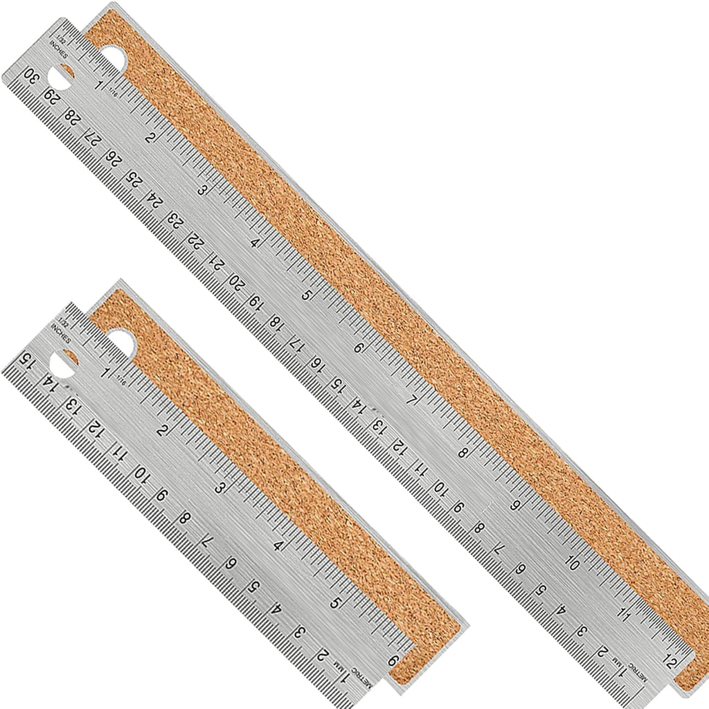 Metal Ruler with Cork Backing, 6 Inch & 12 Inch, Non-Slip Straight Edge