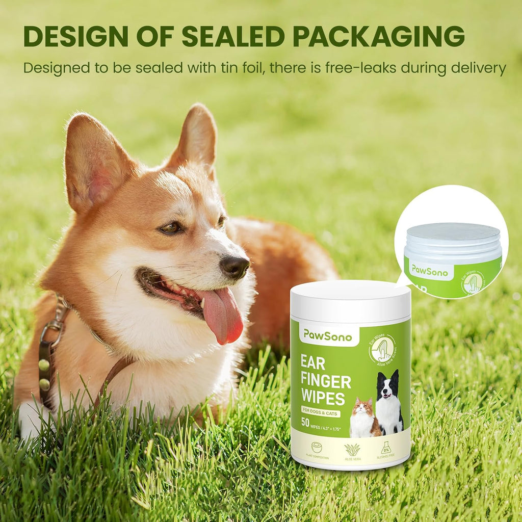 PawSono Dog Ear Wipes - 50 Count Dog Ear Cleaner Finger Wipes for Dogs & Cats, Pre-Moistened Ear Cleaning Wipes for Puppies, Kittens & Small Animals, Thick Pet Ear Wipes to Remove Wax, Dirt & Debris