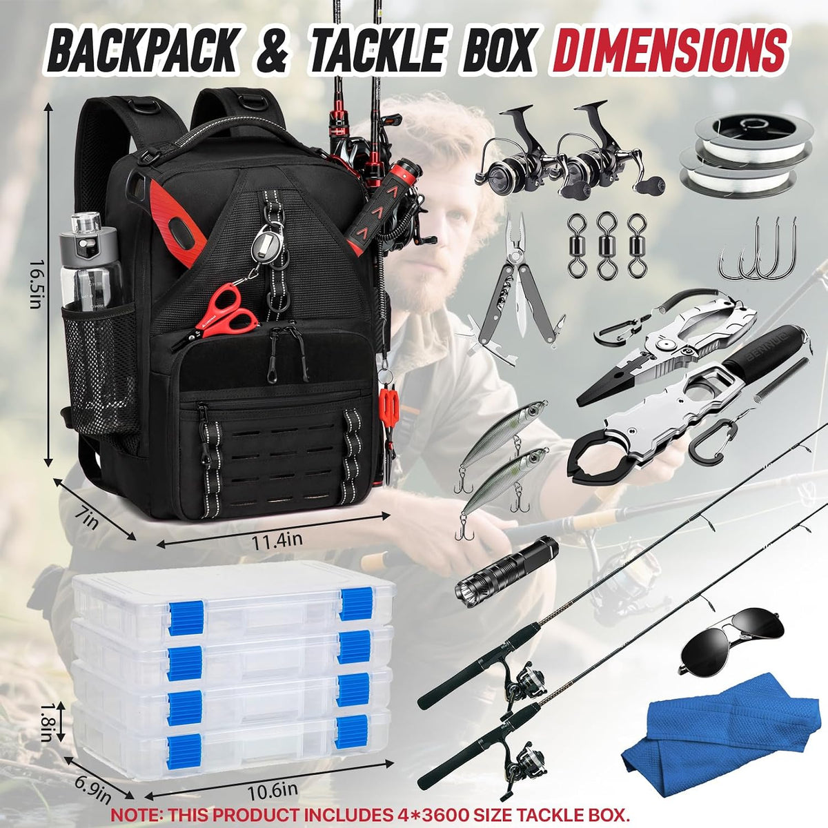 Fishing Tackle Backpack,Tackle Bags with 2 Rod Holders & 4 Tackle Boxes, Water-Resistant Large Tackle Bag Storage Bag for Fishing Gear, Fisher Gifts for Men, Black