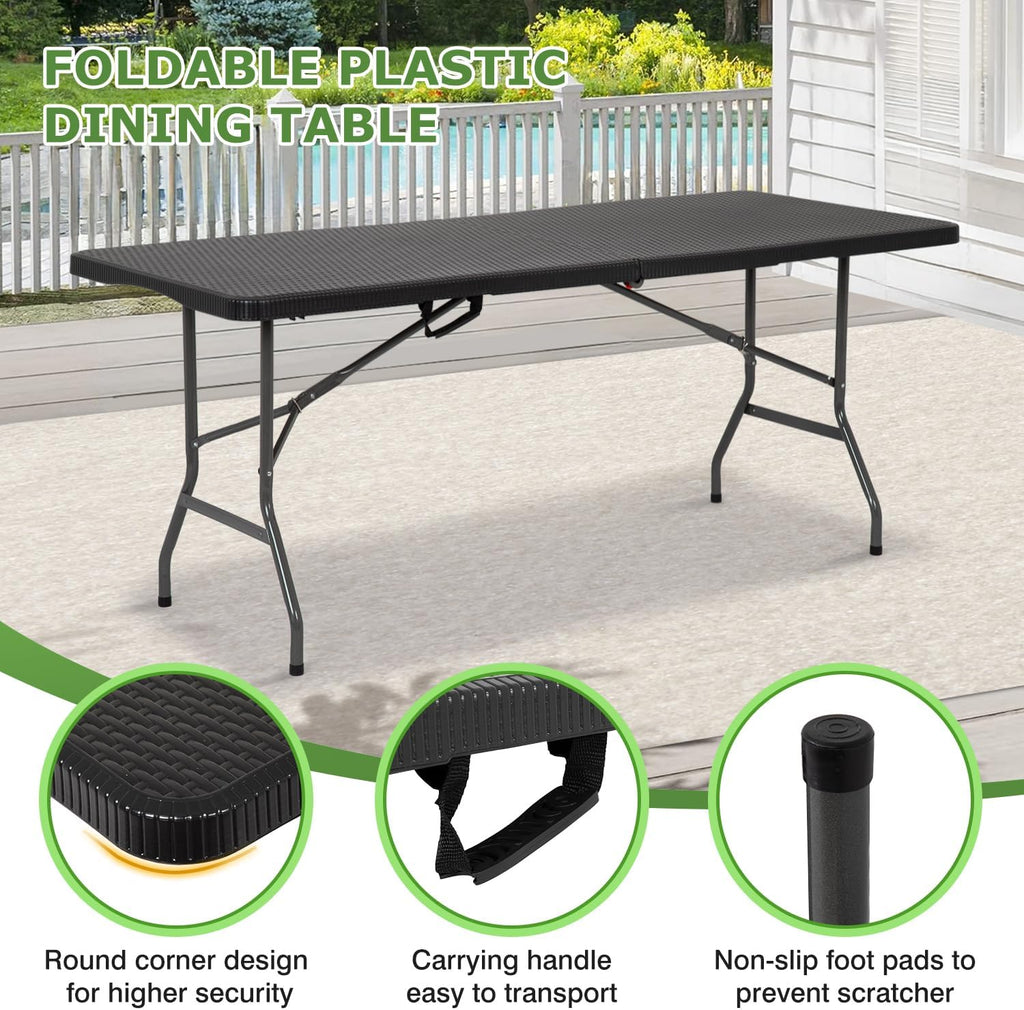 BestOffice | 6FT Folding Table | Black Ratten | Portable Plastic Table