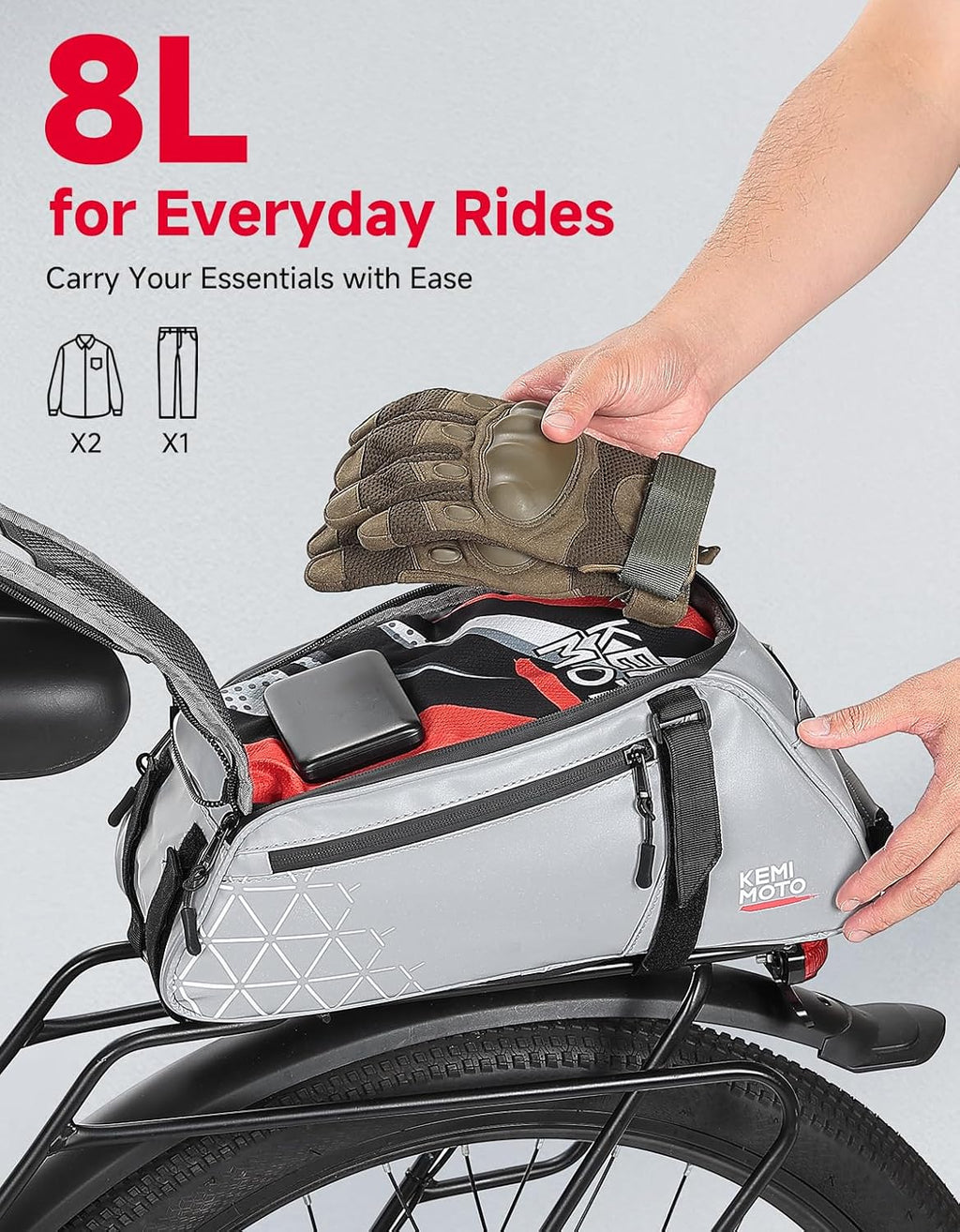 KEMIMOTO Rear Bike Rack Bag - 8L PVC Water Resistant Ebike Bags for Bicycle