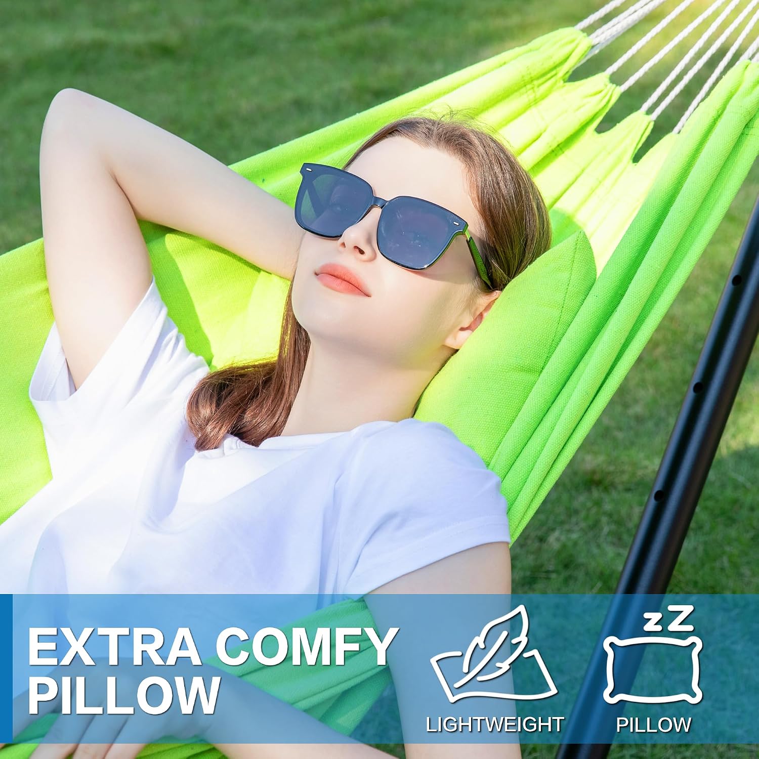 PNAEUT Double Hammock with Stand for Outside, Heavy-Duty, Portable(Green)