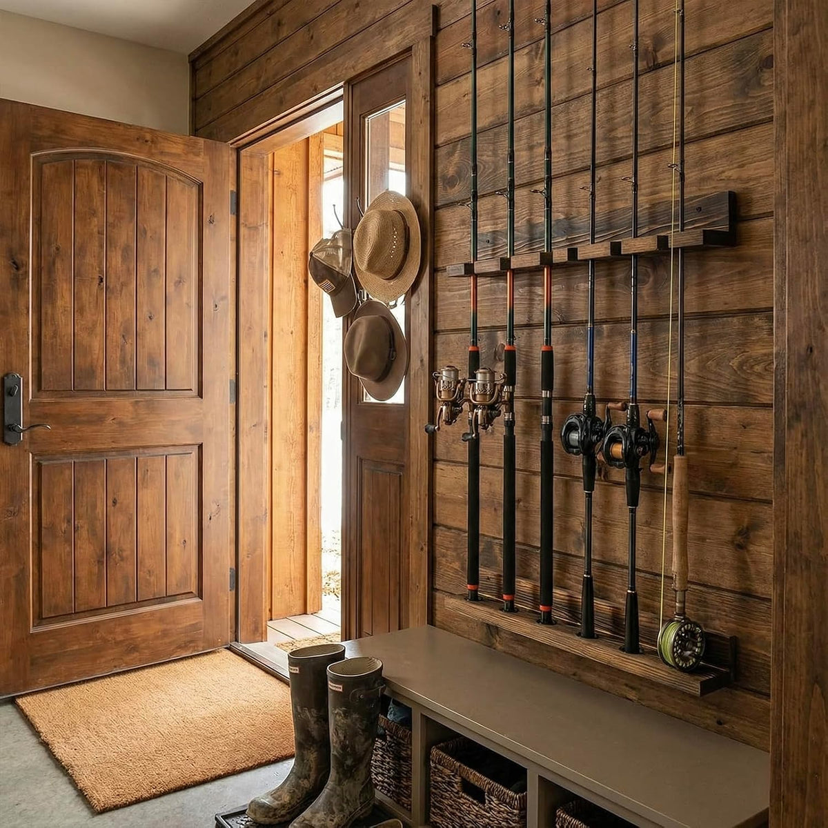MyGift Rustic Wood Wall Mounted Fishing Rod Holder Rack, Holds 6 Rods