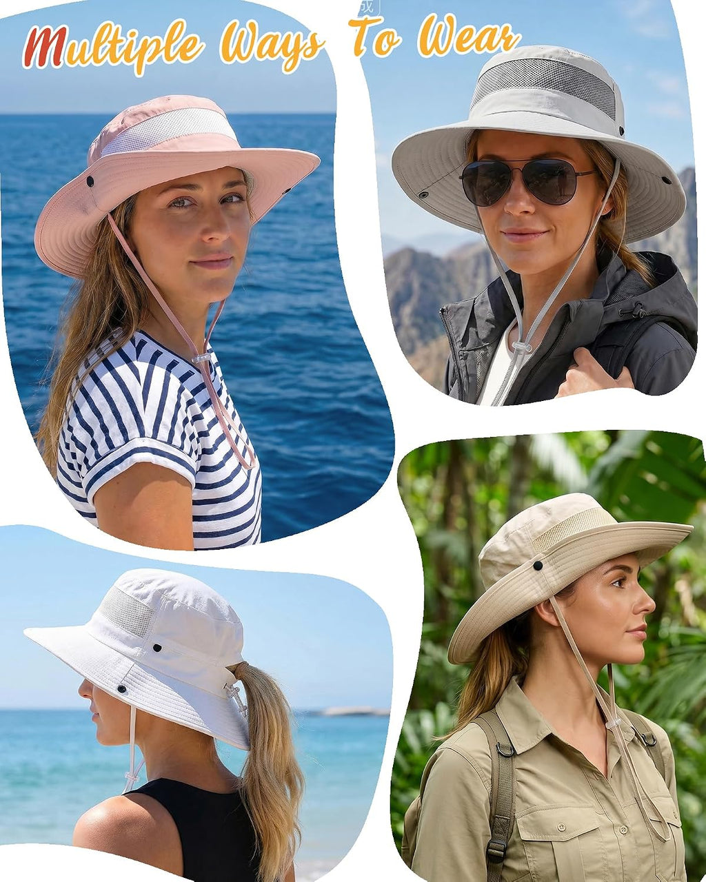 Women's Sun Hat Sun Protection Wide Brim Bucket with Ponytail Hole Summer