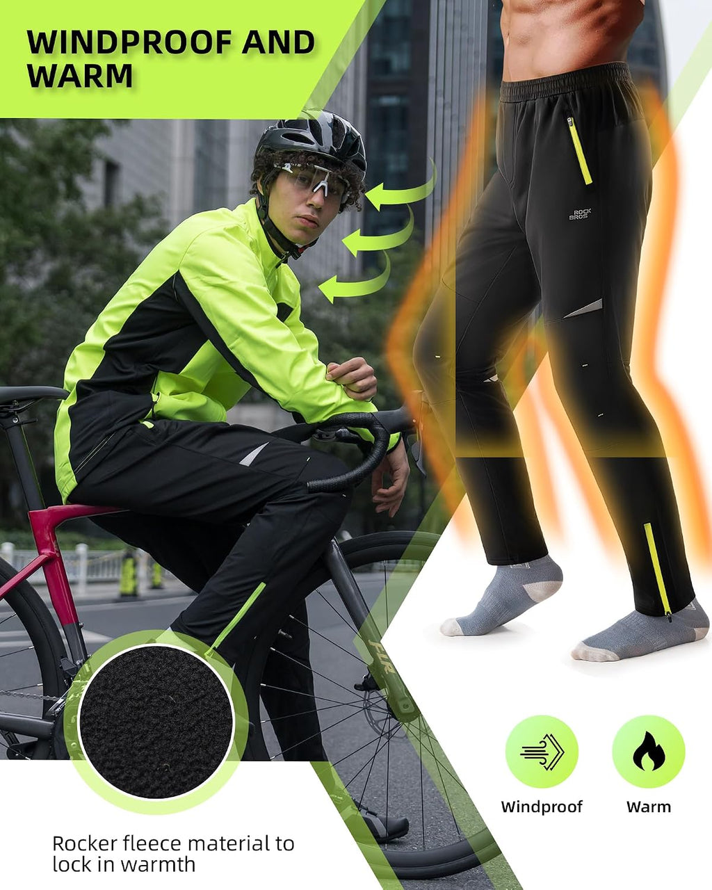 ROCKBROS Men's Winter Cycling Pants Thermal Windproof Bike Tights