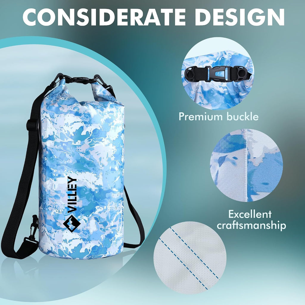 VILLEY Dry Bag Waterproof 20L Roll Top Blue Camo Kayaking Boating Backpack | Keeps Gear Dry, Lightweight Backpack, Kayaking Boating Camping Swimming and Beach Accessories, Blue Camo