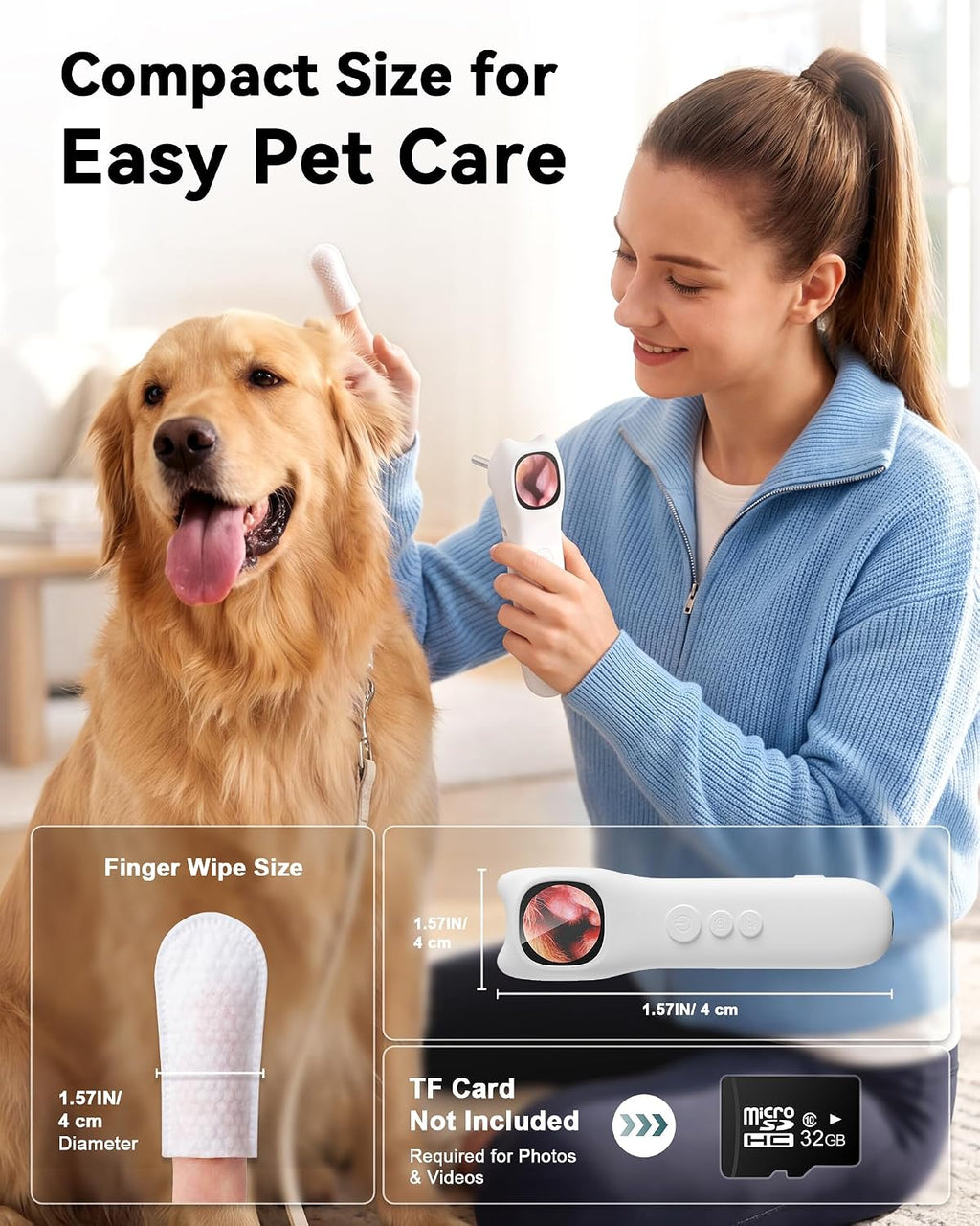 Pet Ear Camera Cleaning Kit with Screen, Dog &amp; Cat Ear Cleaner with 50 Finger Wipes, Gentle Soft Otic Ear Cleaning Pads, Helps Clean Dirt, Wax &amp; Odor-Causing Buildup, Non-Irritating, White