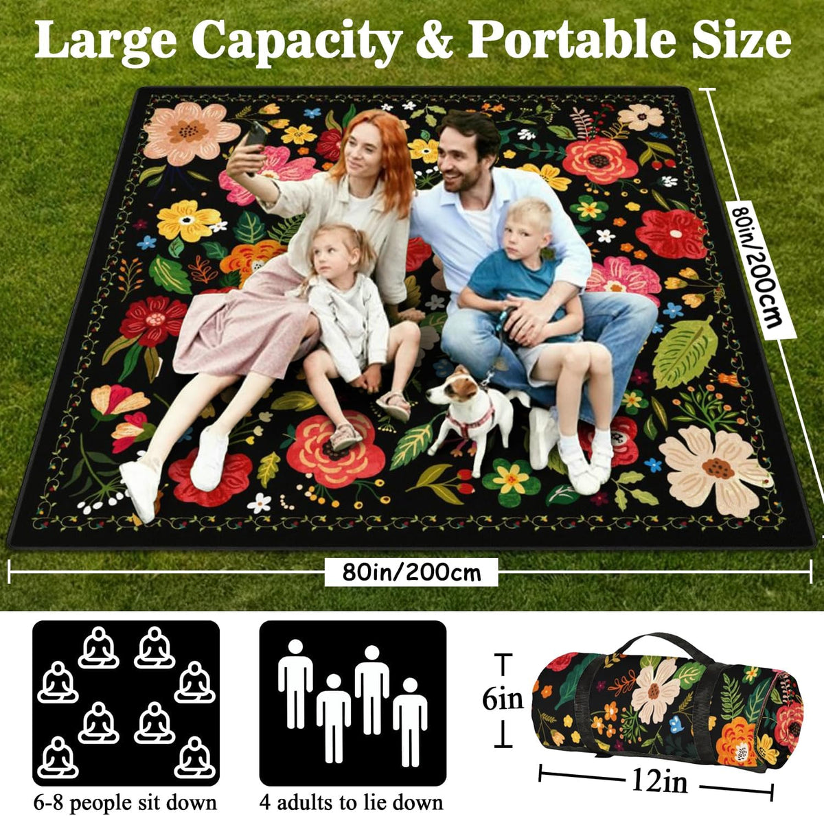 Picnic Blankets Waterproof Foldable Extra Large,80"x 80" Outdoor Beach Blanket Sandproof,3-Layer Lightweight Handy Mat Tote Picnic Camping Rugs for Outside Your Rv (Boho Vintage Floral Black)