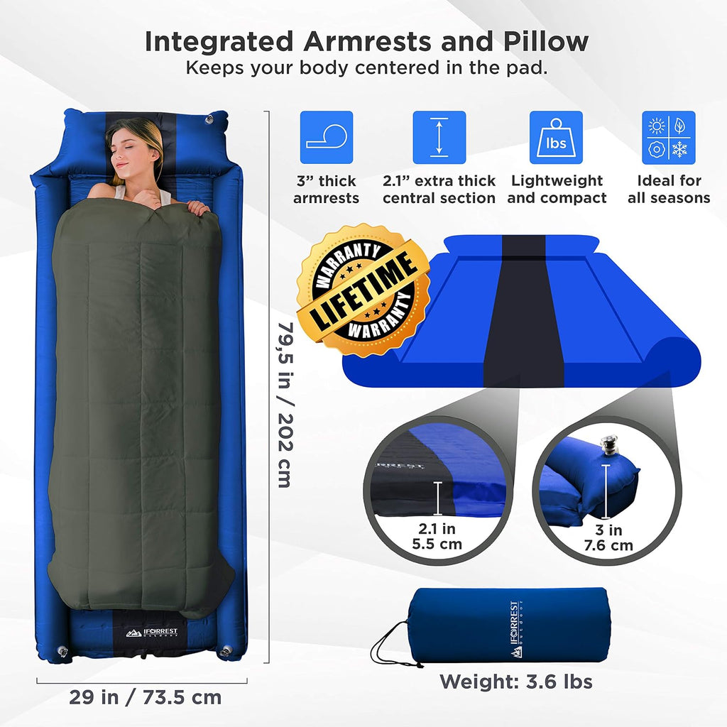 IFORREST Camping Pad with Armrest & Pillow - Self-Inflating Air Mattress, Rollover Protection, Ultra-Comfortable Mat, Lightweight for Tent, Cot, Backpacking(XL)