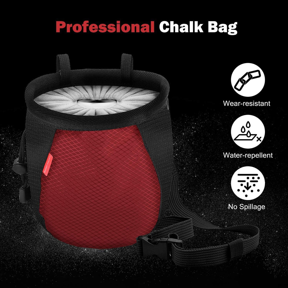 Rhino Valley Climbing Chalk Bag, No Leak Drawstring Chalk Bag with Adjustable Belt, Carabiner Clip and Zippered Pockets Chalk Bag for Rock Climbing, Cross Fit, Weight Lifting & More