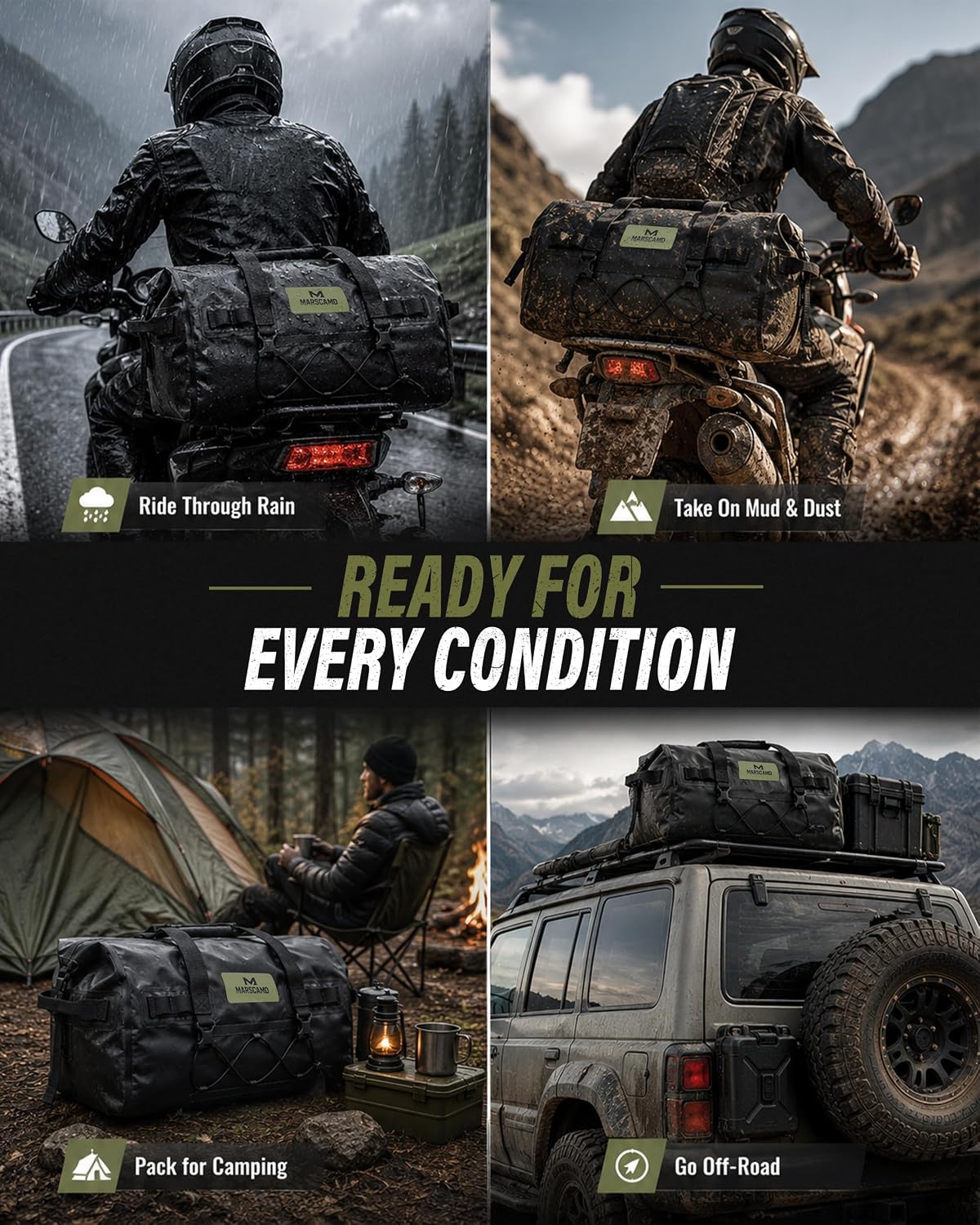 Marscamd Waterproof Motorcycle Dry Bag, Tail Saddle Luggage Roll-Top Design