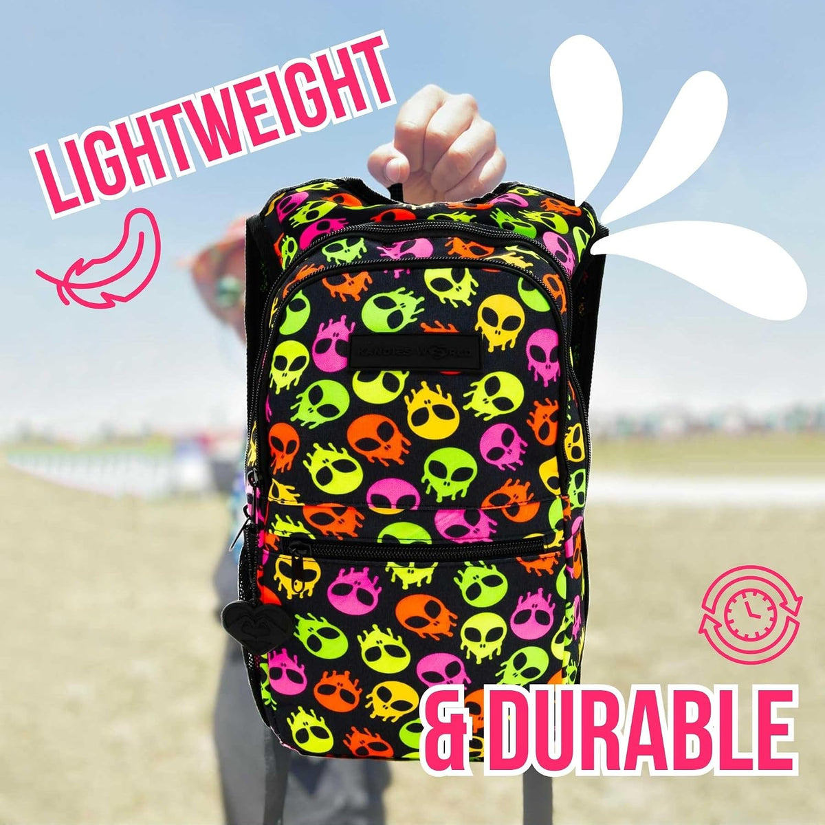 Kandies World Reflective Festival Hydration Pack - 2L Hydropack for Raves, Hiking, Biking, Running, and More (with Anti-Theft Pocket)