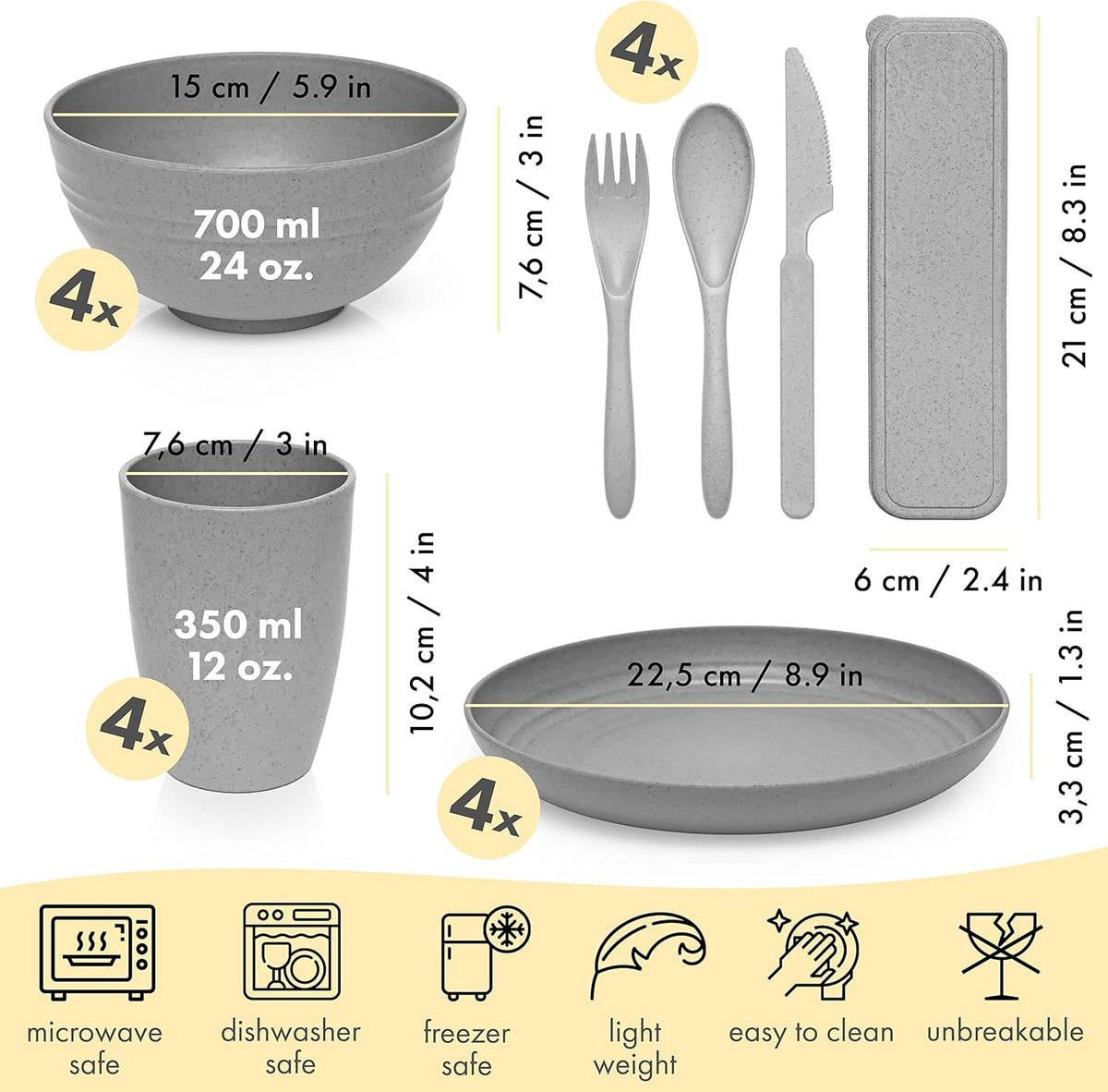 FOODLE Wheat Straw Dinnerware Set - RV, Camping, Picnic Plates Cups & Bowls