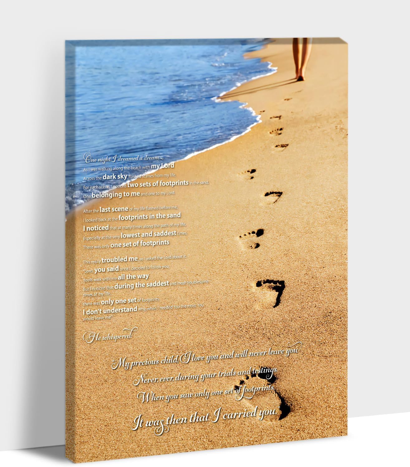 Footprints in the Sand Wall Art Decor, Footprints in the Sand Canvas Prints Wall Art, Inspirational Christian Poem Wall Poster Gift, Beach Picture Wall Art for Living Room Beach Office 12"Wx18"HInches