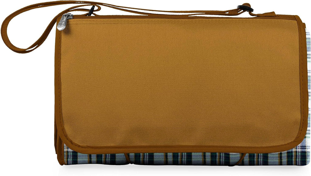 PICNIC TIME Outdoor Picnic Blanket Tote, 59"x51" Foldable Beach & Camping Blanket with Soft Fleece, Water-Resistant Bottom, Adjustable Strap & Zippered Pocket (English Plaid, Beige Flap)