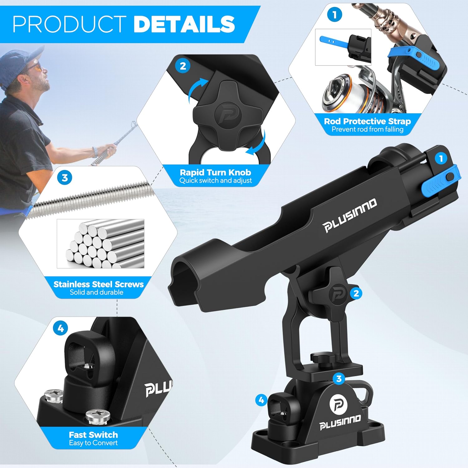 PLUSINNO 2 in 1 Kayak Fishing Rod Holder, Fishing Rod Holders for Boat