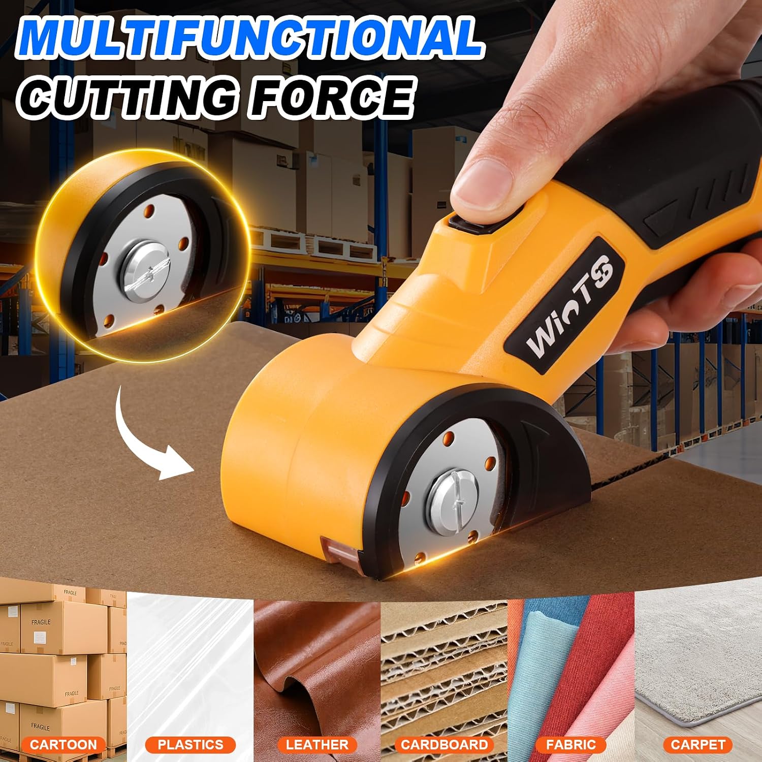 WINTS Cordless Electric Scissors,High-capacity 2000mah Battery 4V Cardboard Cutter with Safety Lock & LED Light, Rechargeable Rotary Cutter for Box Carpet Plastic Fabric With 2 Blades (Yellow)