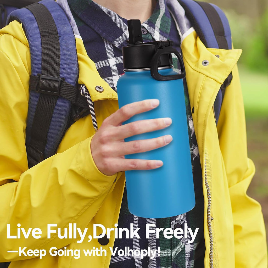 Volhoply 32 oz Water Bottle with Straw Lid & Spout Lid,Insulated Sports Water Bottle,Double Wall Vacuum Stainless Steel Cups,Leakproof Wide Mouth Metal Flask,Keeps Cold or Hot for Travel(Blue,1)