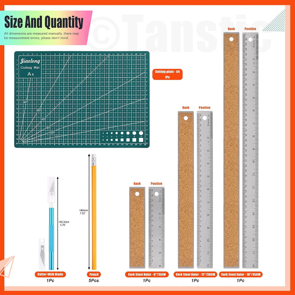 Tanstic 15Pcs 6" 12" 18" Stainless Steel Cork Back Metal Ruler, Non-Slip Cork Backing Rulers with Inch and Centimeters, Non Slip Straight Edge Ruler with Cutting Mat, Pencil, Craft Knife for Office
