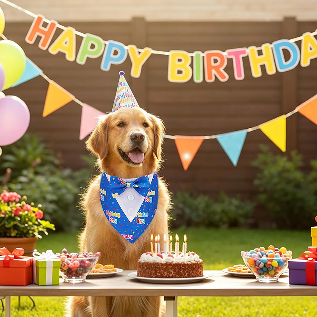 ADOGGYGO Birthday Dog Bandana with Bowtie, Blue Boy Dog Tuxedo, Large