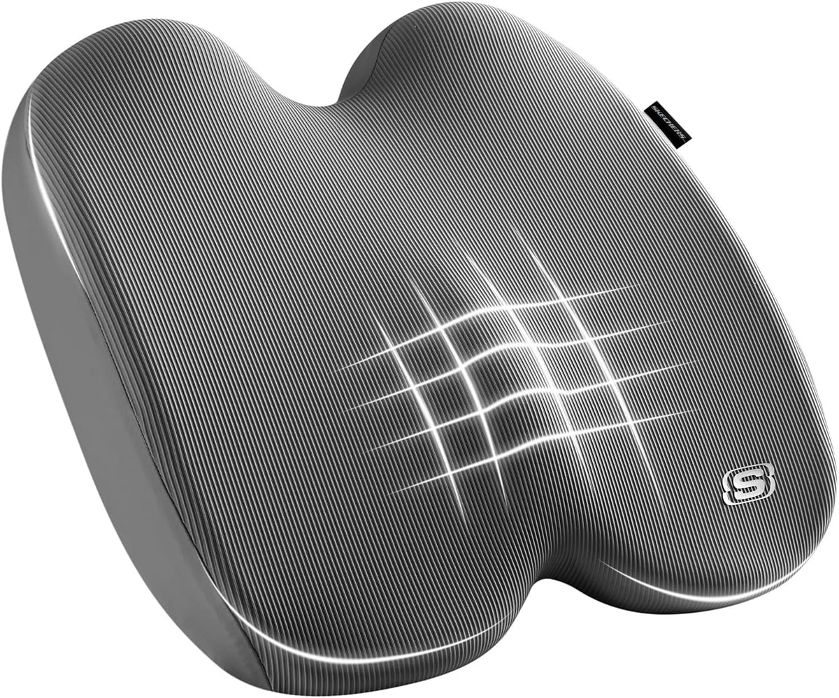 Skechers Seat Cushion, Ergonomic Memory Foam Cushion for Long Sitting Hours on Office & Home Chair, Car Seat Cushion for Sciatica, Coccyx Cushion,Gray
