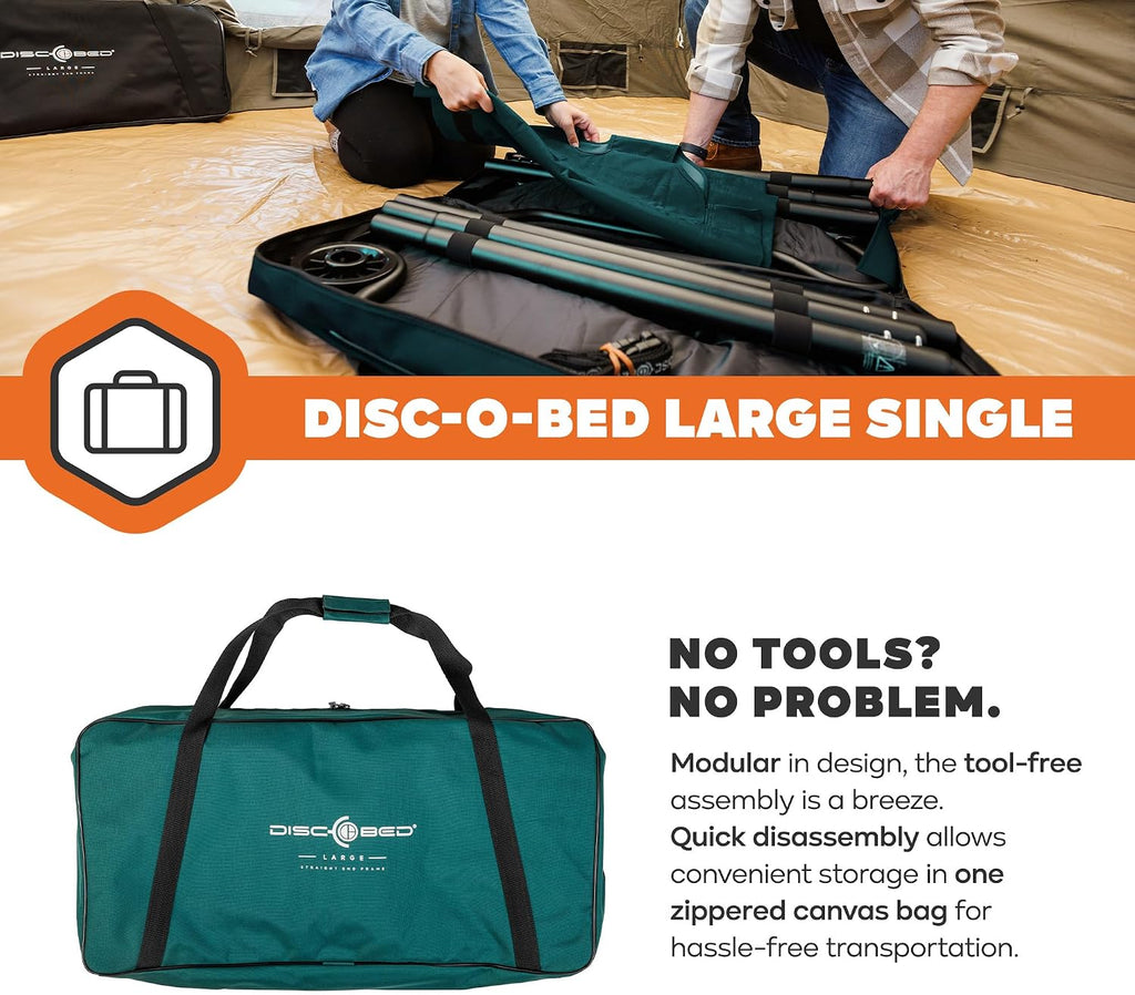 Disc-O-Bed Large Outdoor Modular 1 Person Single Camping Cot Portable Bed for Adults, Sleep Solution for Tents, Green