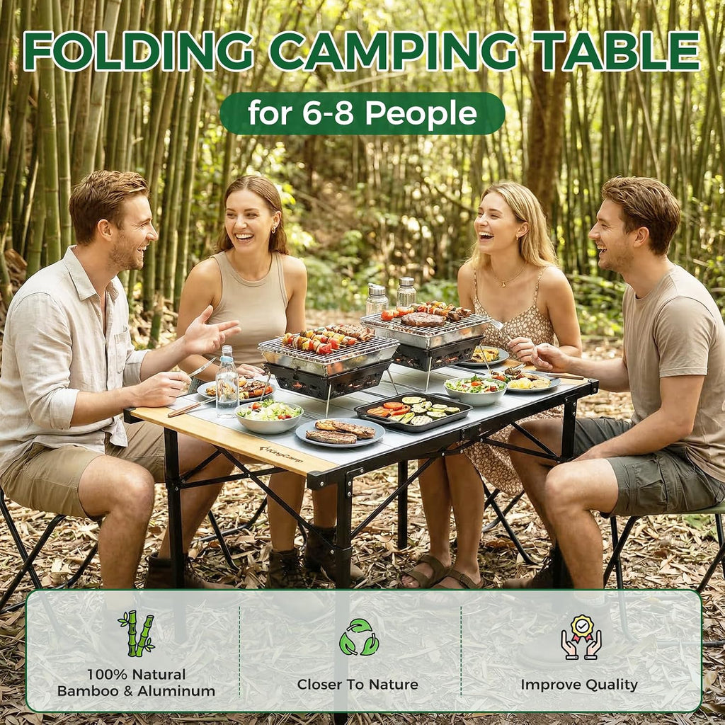 KingCamp 53.5" Bamboo Aluminum Camping Table, 265 LBS Roll-Up Table