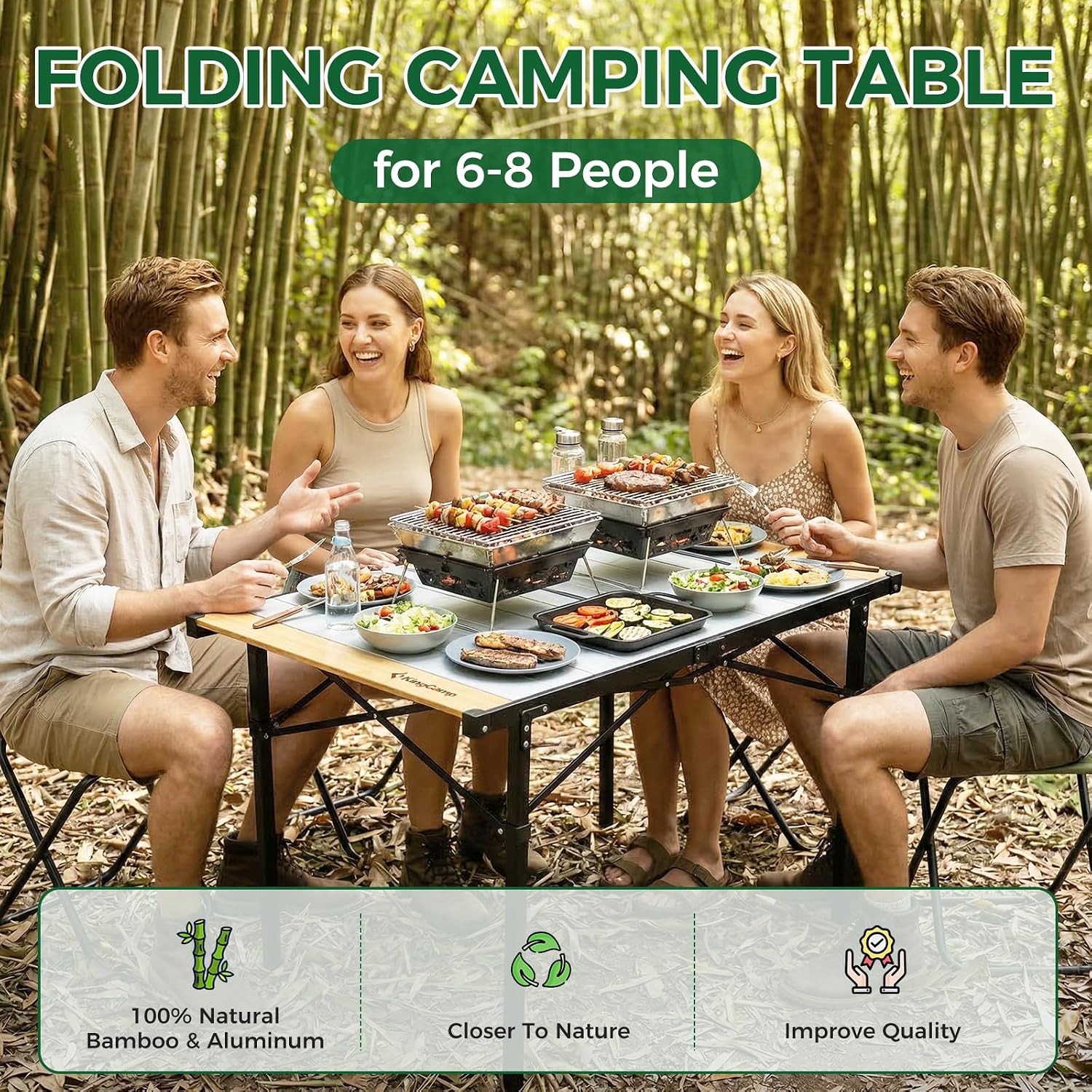KingCamp 53.5" Bamboo Aluminum Camping Table, 265 LBS Roll-Up Table