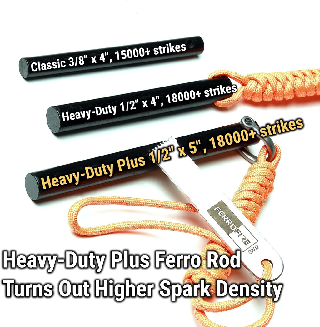 FS125 Heavy-Duty Plus Fire Starter - 1/2 Inch Thick x 5 Inch Long Ferrocerium Rod with Magnesium, Superb Carbon Alloy Steel Striker & 550 Paracord for Camping, Survival, Emergency Kits