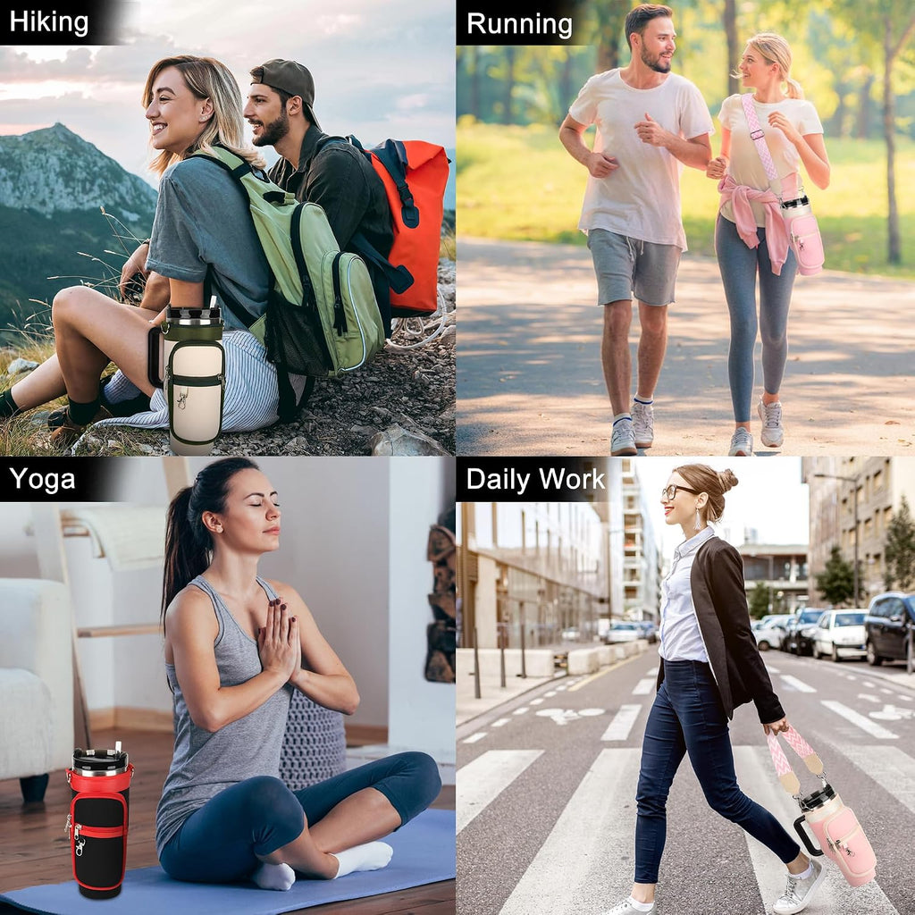 Water Bottle Carrier Bag with Canvas Shoulder Strap for Stanley 40 oz Tumbler with Handle, Water Bottle Holder Pouch with 6.7'' Phone Pocket for Stanley Cup Accessories, Birthday Gifts for Men Women