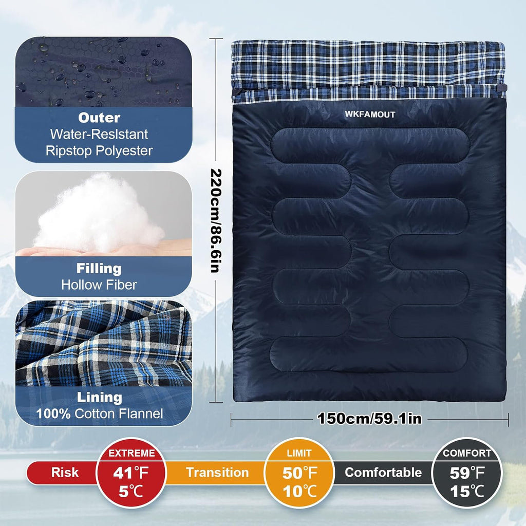 Double Sleeping Bag for Adults Machine Washable 2 Person Camping Sleeping Bag Queen Size Waterproof with Compression Sack for Cold Weather 3-4 Seasons