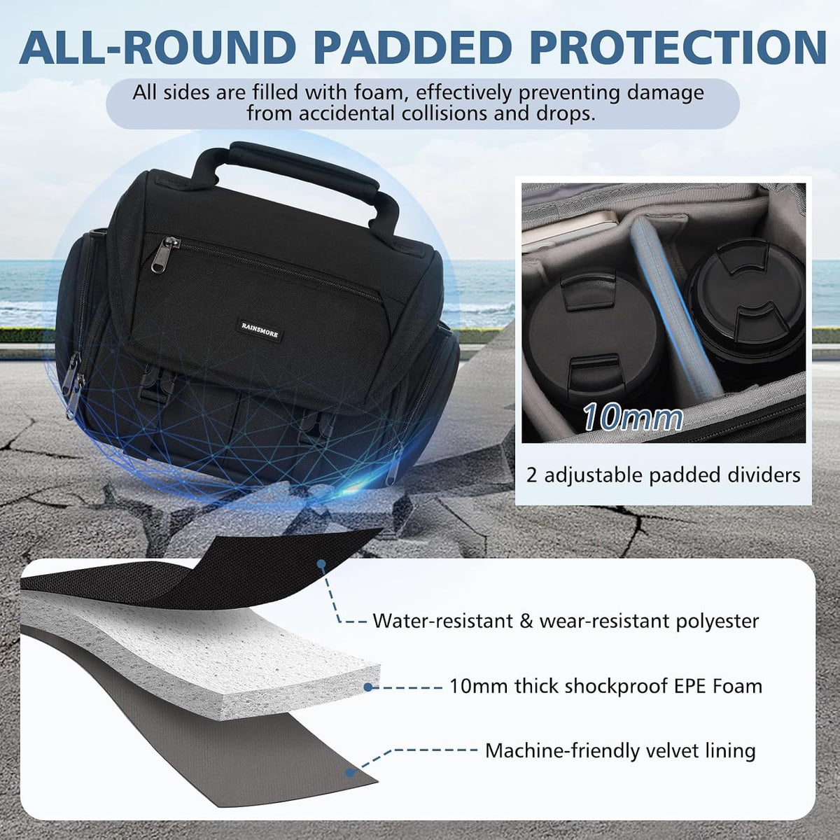 RAINSMORE Camera Bag, DSLR/SLR/Mirrorless Camera Sling Bag for Photographers Waterproof Small Camera Case with Tripod Holder & Rain Cover Camera Crossbody Bag for Canon/Nikon/Sony/Fuji, Black