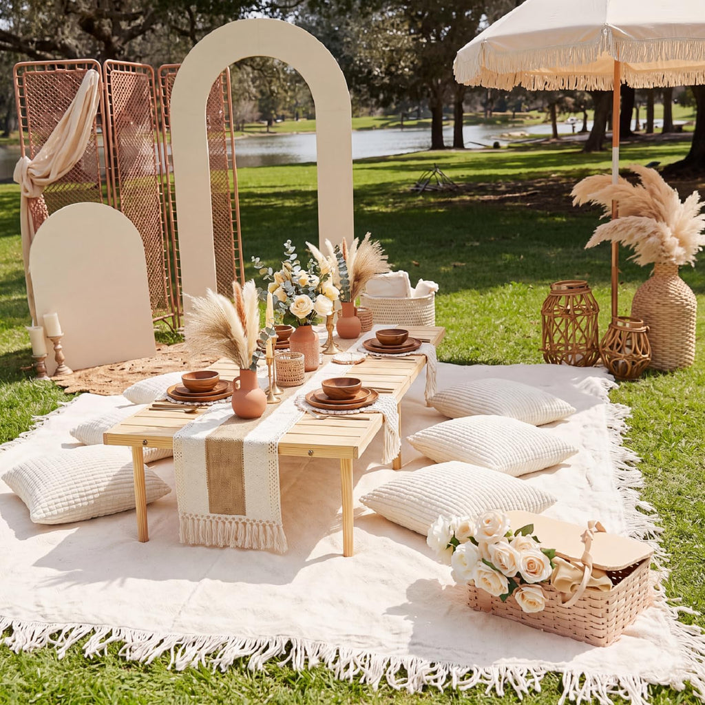 Beeveer 8 Pcs Cream White Picnic Kit, 91x71'' Extra Large Outdoor Boho Picnic Blanket, Low Table Runner, 6 Throw Pillow Cover, Woven Cotton Yarn Oversize Washable Beach Blanket for Camp Wedding Garden